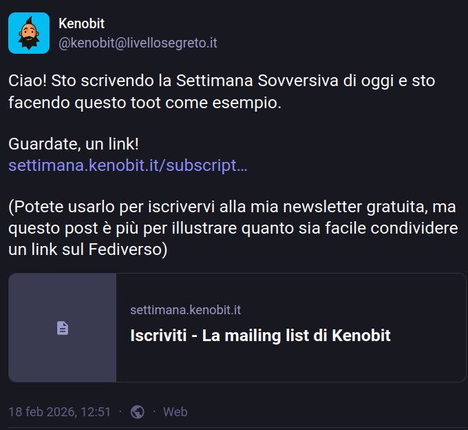 Screenshot di un toot su Livello Segreto con un link in bella vista